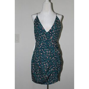 Superdown Teal Pink Leopard Print Ruched V-Neck Mini Dress Women's Size M